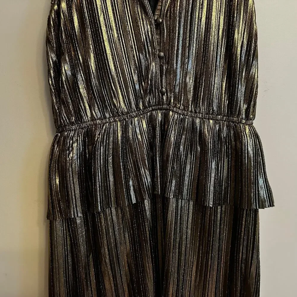 Moon River Metallic Pleated Sleeveless Mini Dress Medium Gold Black Party - Picture 4 of 7